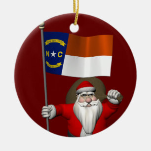 Santa Claus With Ensign Of North Carolina Ceramic Tree Decoration