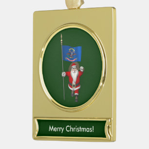 Santa Claus With Ensign Of North Dakota Gold Plated Banner Ornament