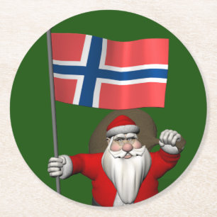 Santa Claus With Ensign Of Norway Round Paper Coaster
