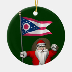 Santa Claus With Ensign Of Ohio Ceramic Tree Decoration