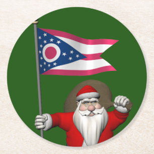 Santa Claus With Ensign Of Ohio Round Paper Coaster