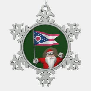 Santa Claus With Ensign Of Ohio Snowflake Pewter Christmas Ornament