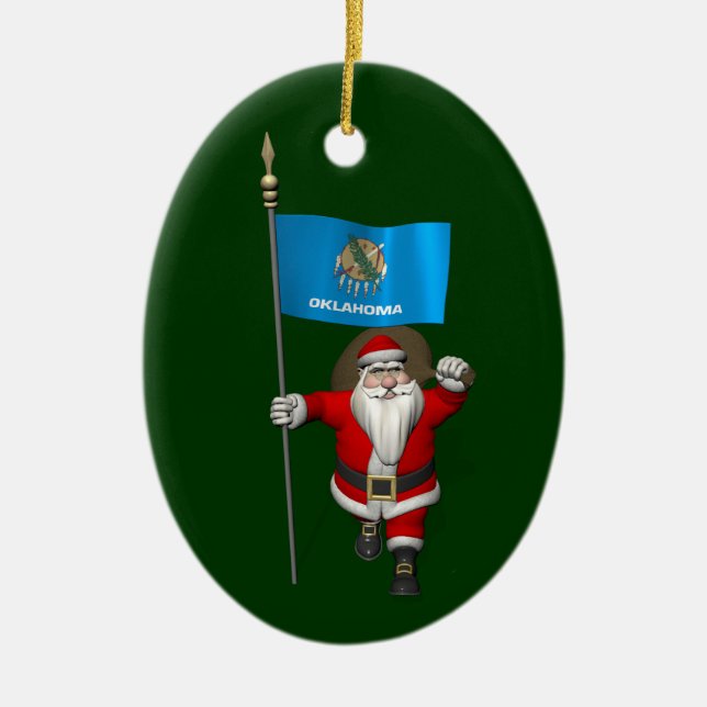 Santa Claus With Ensign Of Oklahoma Ceramic Ornament (Front)