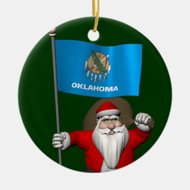 Santa Claus With Ensign Of Oklahoma Ceramic Ornament (Front)