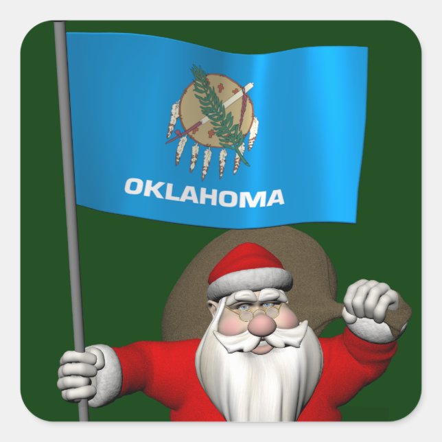 Santa Claus With Ensign Of Oklahoma Square Sticker (Front)