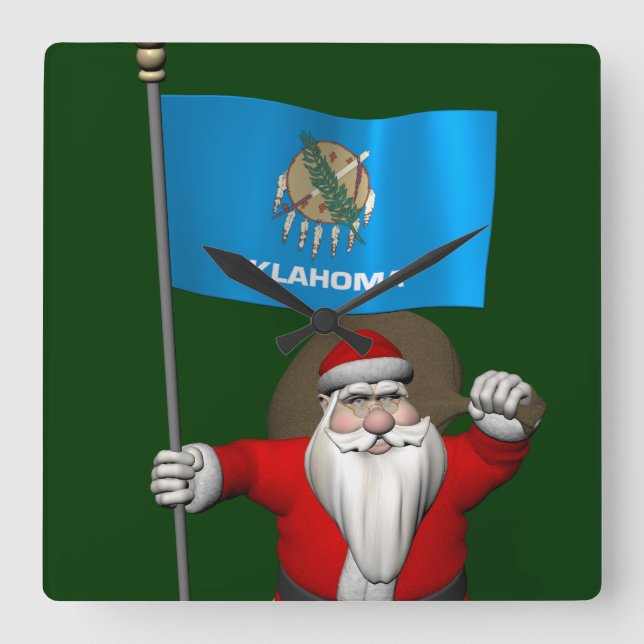 Santa Claus With Ensign Of Oklahoma Square Wall Clock (Front)
