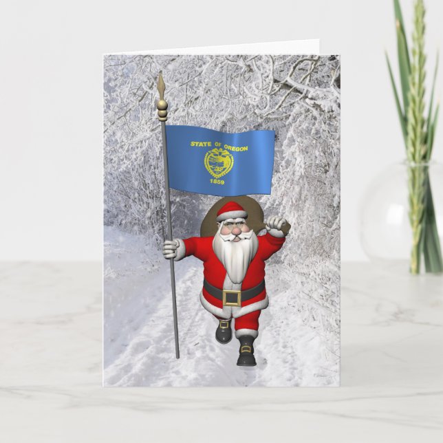 Santa Claus With Ensign Of Oregon Holiday Card (Front)