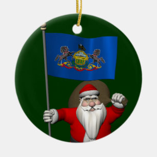 Santa Claus With Ensign Of Pennsylvania Ceramic Ornament