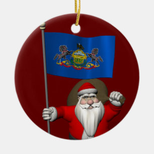 Santa Claus With Ensign Of Pennsylvania Ceramic Tree Decoration