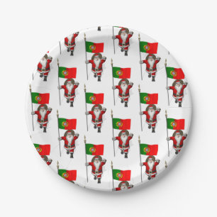 Santa Claus With Ensign Of Portugal Paper Plate