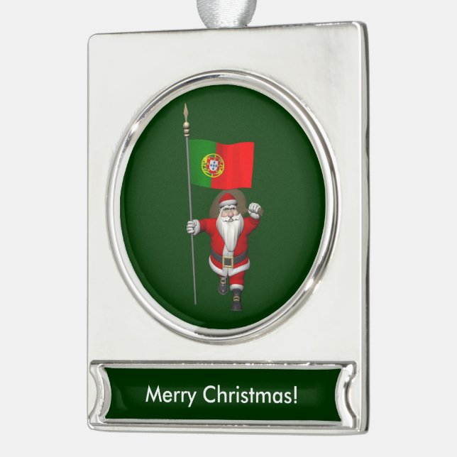 Santa Claus With Ensign Of Portugal Silver Plated Banner Ornament (Left)