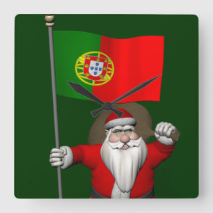 Santa Claus With Ensign Of Portugal Square Wall Clock