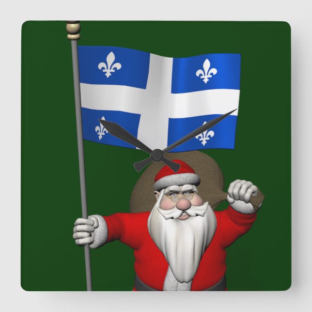 Santa Claus With Ensign Of Québec CDN Square Wall Clock (Front)