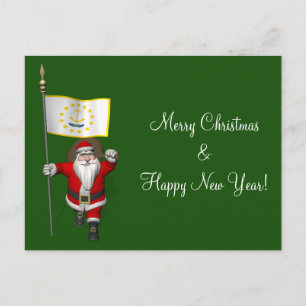 Santa Claus With Ensign Of Rhode Island Holiday Postcard