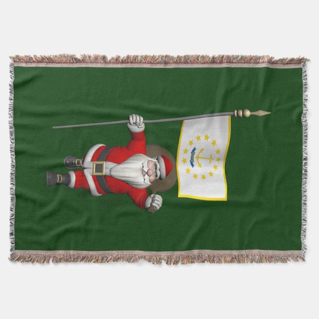 Santa Claus With Ensign Of Rhode Island Throw Blanket (Front)