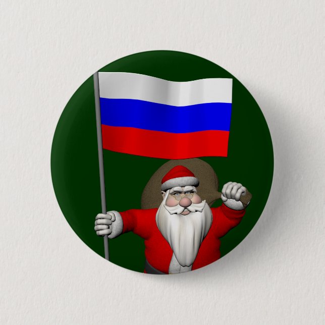 Santa Claus With Ensign Of Russia 6 Cm Round Badge (Front)
