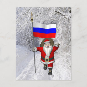 Santa Claus With Ensign Of Russia Holiday Postcard