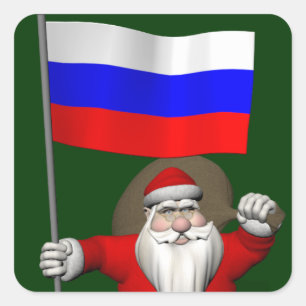 Santa Claus With Ensign Of Russia Square Sticker