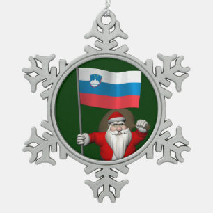 Santa Claus With Ensign Of Slovenia Snowflake Pewter Christmas Ornament