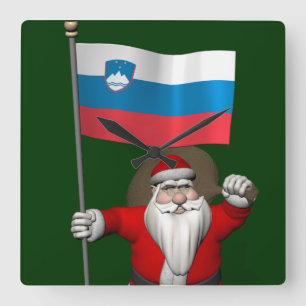 Santa Claus With Ensign Of Slovenia Square Wall Clock