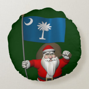 Santa Claus With Ensign Of South Carolina Round Cushion