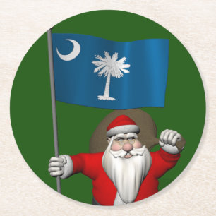 Santa Claus With Ensign Of South Carolina Round Paper Coaster