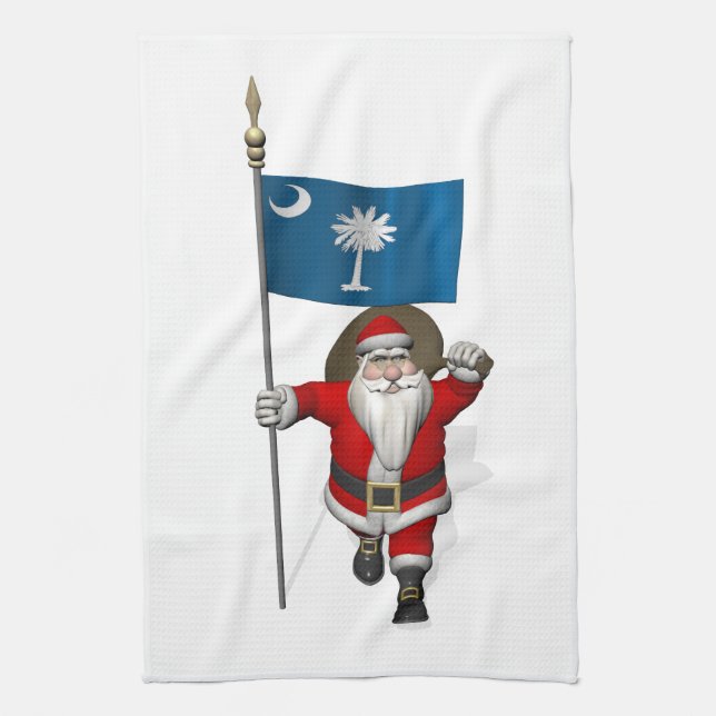 Santa Claus With Ensign Of South Carolina Tea Towel (Vertical)