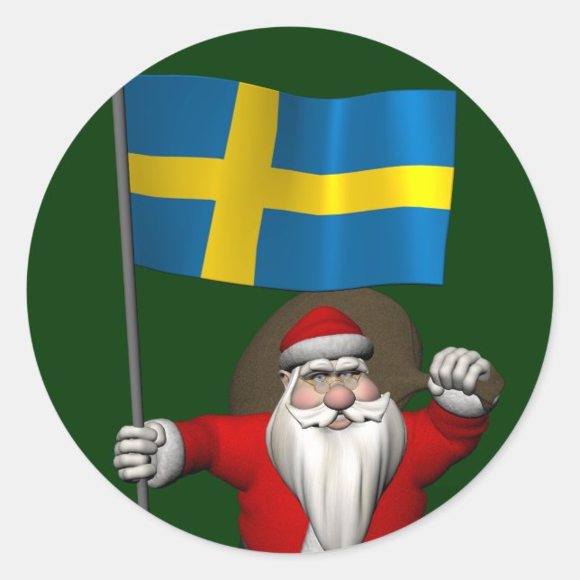 Santa Claus With Ensign Of Sweden Classic Round Sticker (Front)