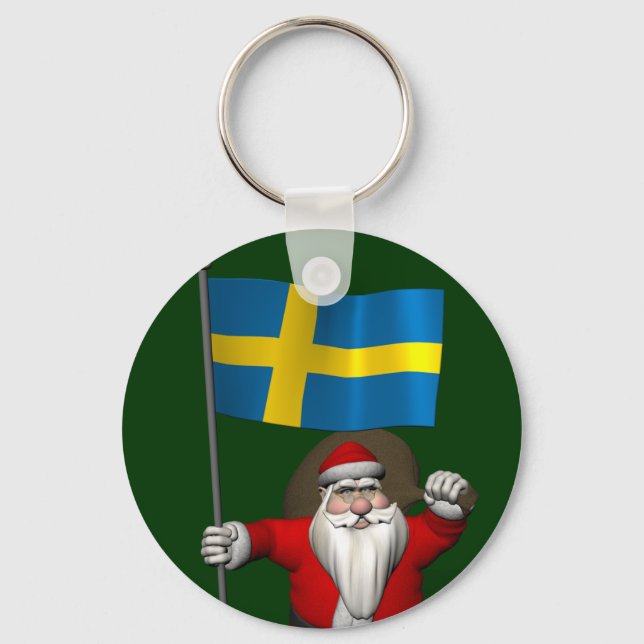 Santa Claus With Ensign Of Sweden Key Ring (Front)