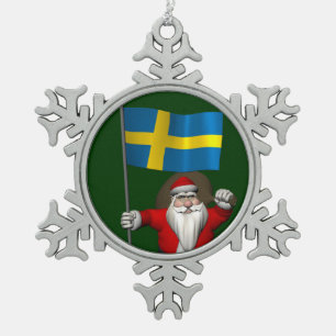 Santa Claus With Ensign Of Sweden Snowflake Pewter Christmas Ornament