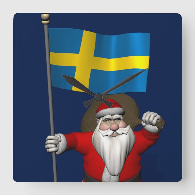 Santa Claus With Ensign Of Sweden Square Wall Clock (Front)