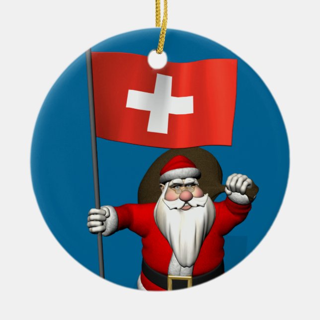 Santa Claus With Ensign Of Switzerland Ceramic Ornament (Front)