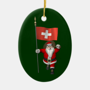 Santa Claus With Ensign Of Switzerland Ceramic Ornament