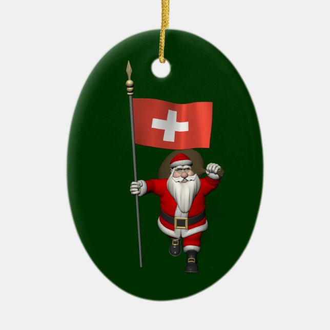 Santa Claus With Ensign Of Switzerland Ceramic Ornament (Front)