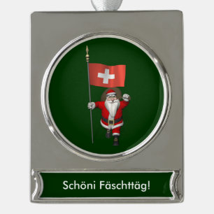 Santa Claus With Ensign Of Switzerland Silver Plated Banner Ornament