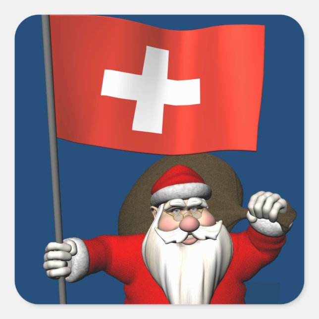 Santa Claus With Ensign Of Switzerland Square Sticker (Front)