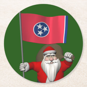 Santa Claus With Ensign Of Tennessee Round Paper Coaster