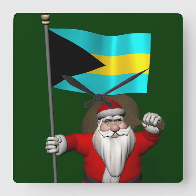 Santa Claus With Ensign Of The Bahamas Square Wall Clock (Front)