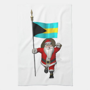 Santa Claus With Ensign Of The Bahamas Tea Towel