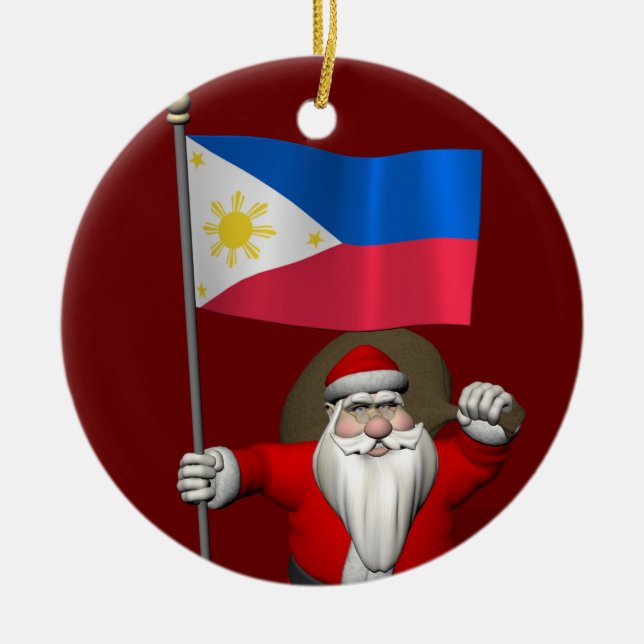 Santa Claus With Ensign Of The Philippines Ceramic Tree Decoration (Front)
