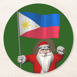Santa Claus With Ensign Of The Philippines Round Paper Coaster