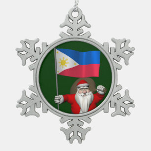 Santa Claus With Ensign Of The Philippines Snowflake Pewter Christmas Ornament
