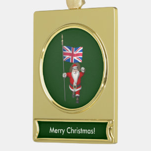 Santa Claus With Ensign Of The UK Gold Plated Banner Ornament