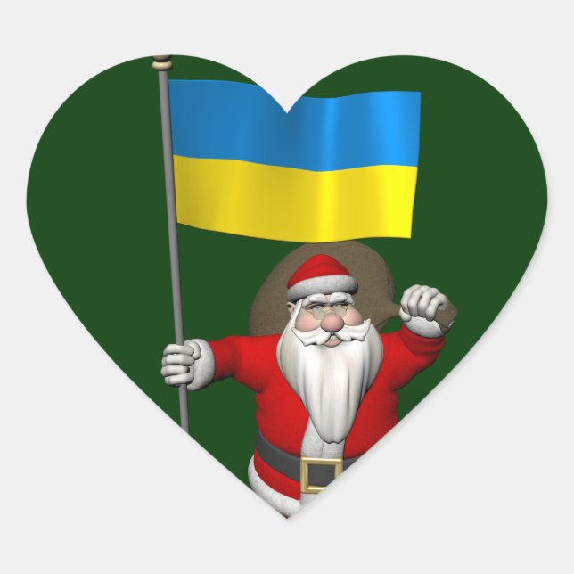 Santa Claus With Ensign Of The Ukraine Heart Sticker (Front)
