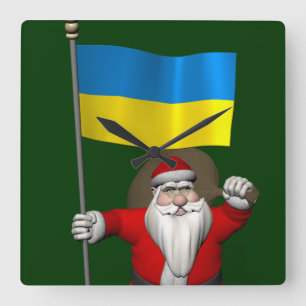 Santa Claus With Ensign Of The Ukraine Square Wall Clock