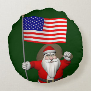 Santa Claus With Ensign Of The USA Round Cushion