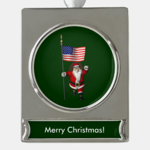 Santa Claus With Ensign Of The USA Silver Plated Banner Ornament