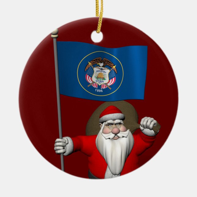 Santa Claus With Ensign Of Utah Ceramic Tree Decoration (Front)