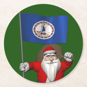 Santa Claus With Ensign Of Virginia Round Paper Coaster