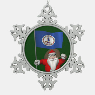 Santa Claus With Ensign Of Virginia Snowflake Pewter Christmas Ornament